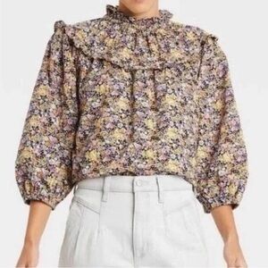 Universal Thread Blue & Purple Floral Cottagecore Ruffle Blouse Cotton